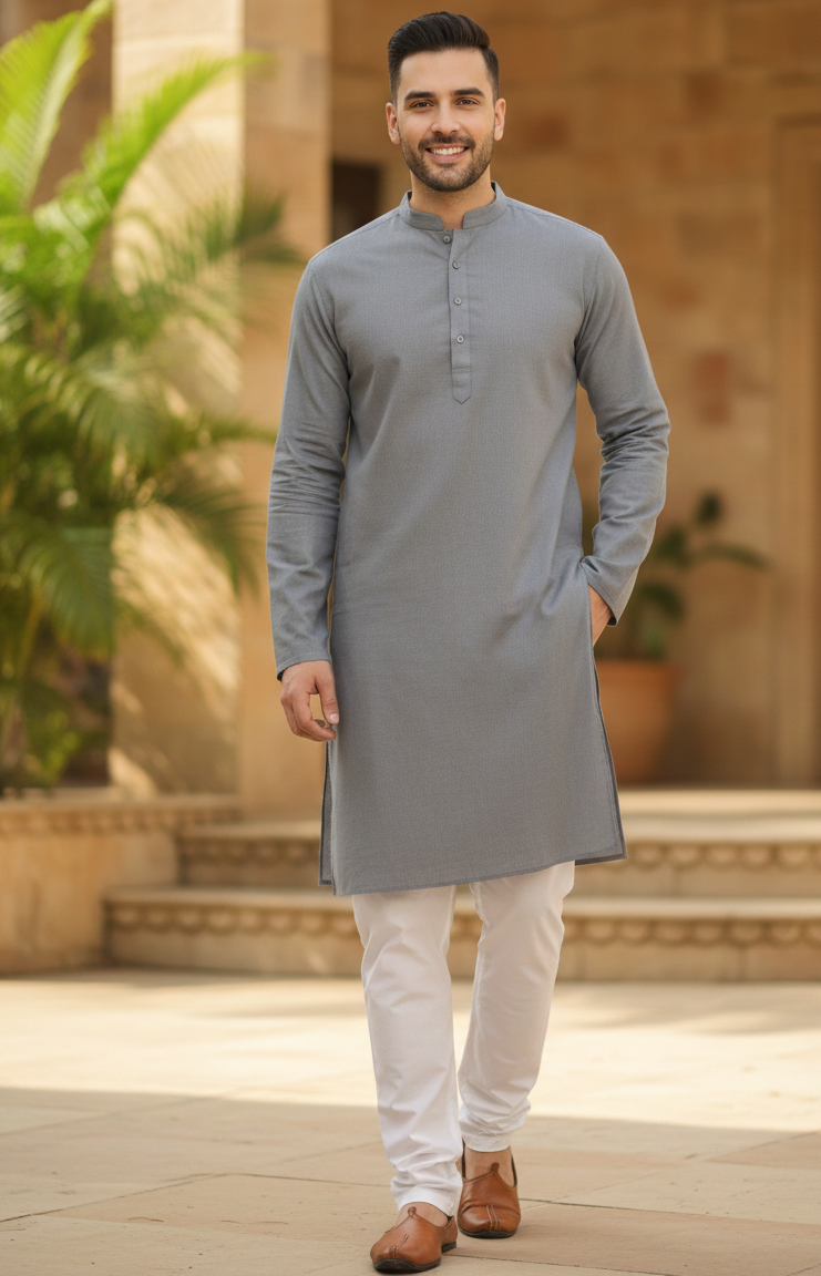 Steel Grey Minimalist Plain Kurta Set for Men – Solid Cotton Blend
