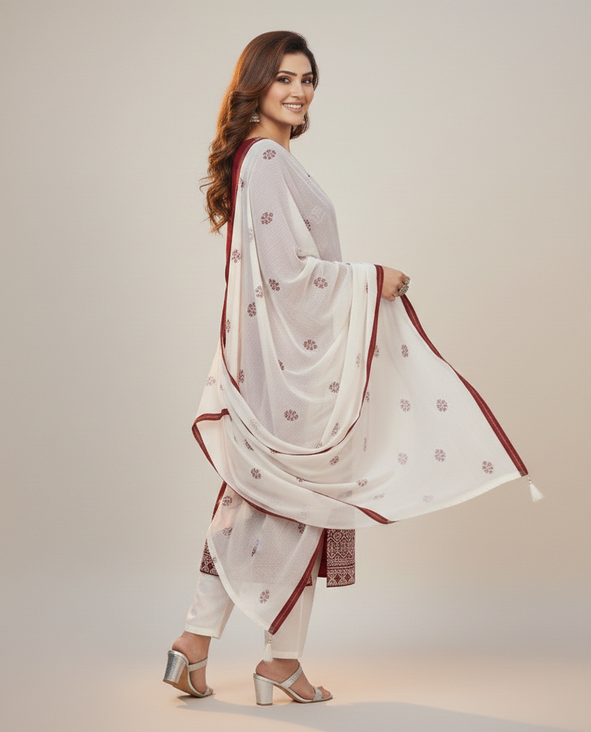 Mehroon Embroidered Cotton Kurta Set for Women with White Dupatta