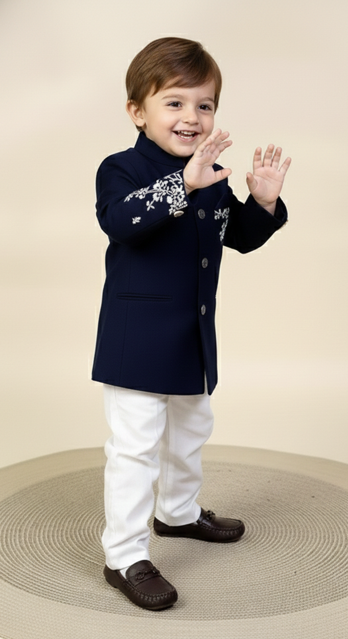 Boys' Navy Blue Embroidered Jodhpuri Suit with White Trousers