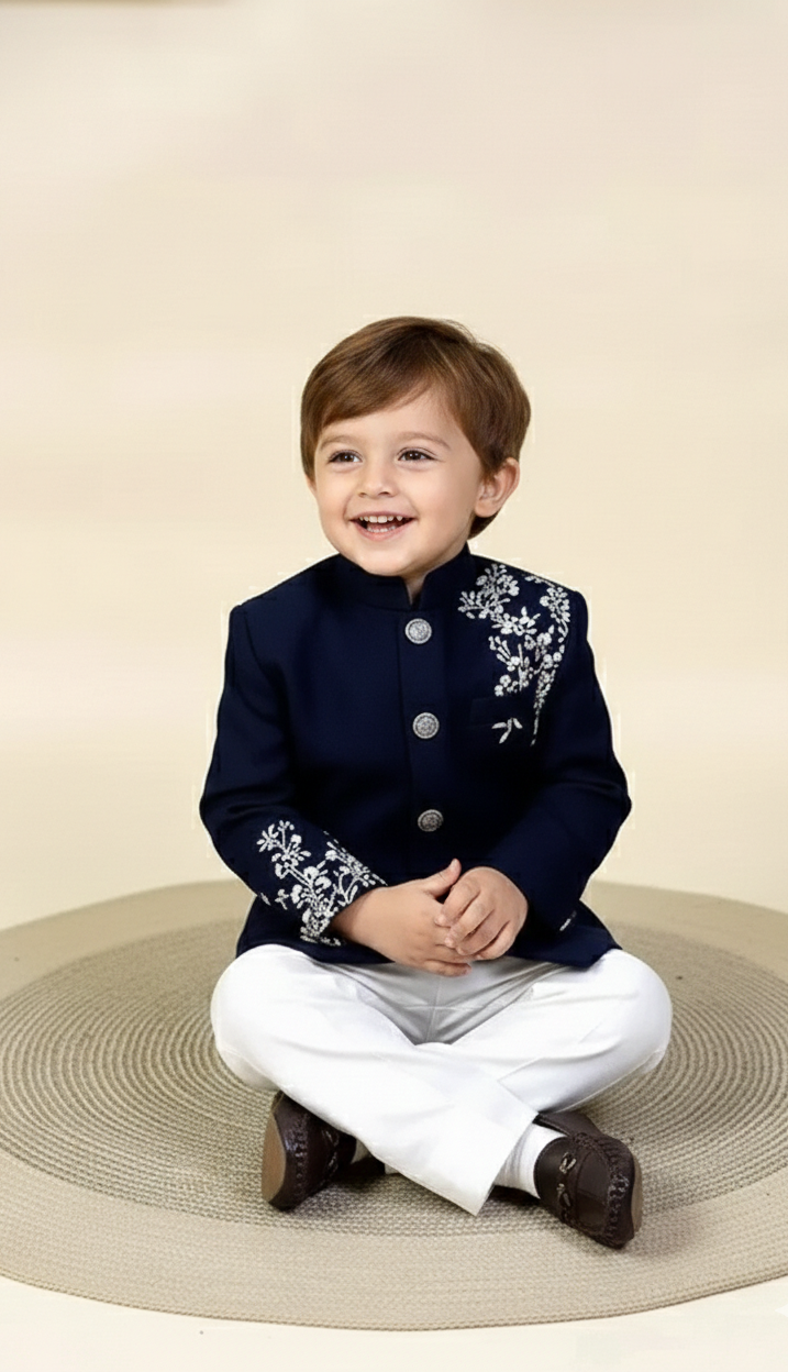 Boys' Navy Blue Embroidered Jodhpuri Suit with White Trousers