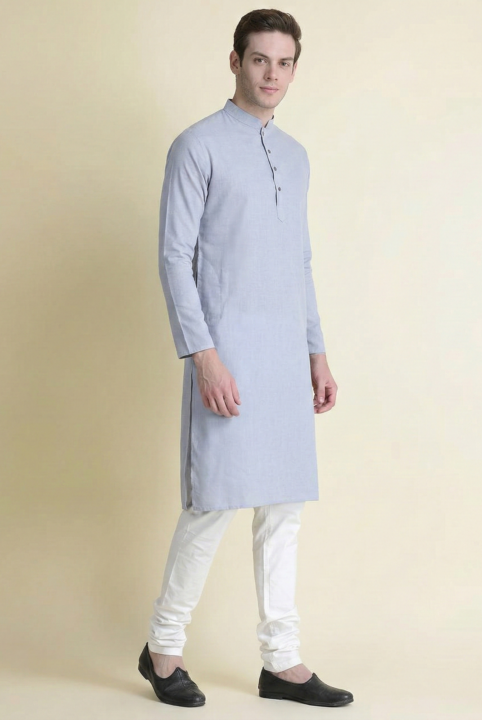 Men's Light Grey Cotton Kurta with White Pajama | Classic Casual & Festive Wear