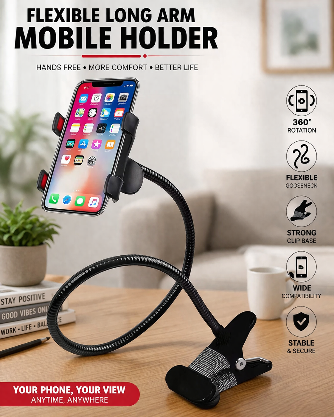 Flexible Desktop Mobile Phone Stand | Height Adjustable, 360° Rotation for Table, Online Classes & Video Shoot