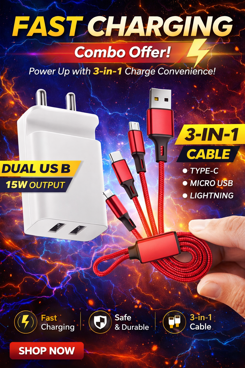 3-in-1 Dual Fast Charging Cable | 3.1A High-Speed USB Cable for Type-C, Micro USB, and iPhone